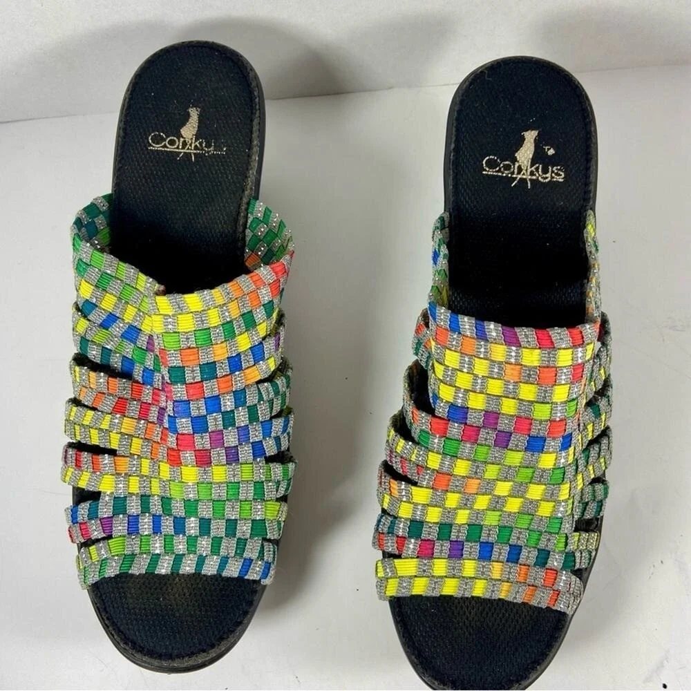 Corkys Rainbow Woven Wedge Sandals Silver Sparkle Slides Size 9